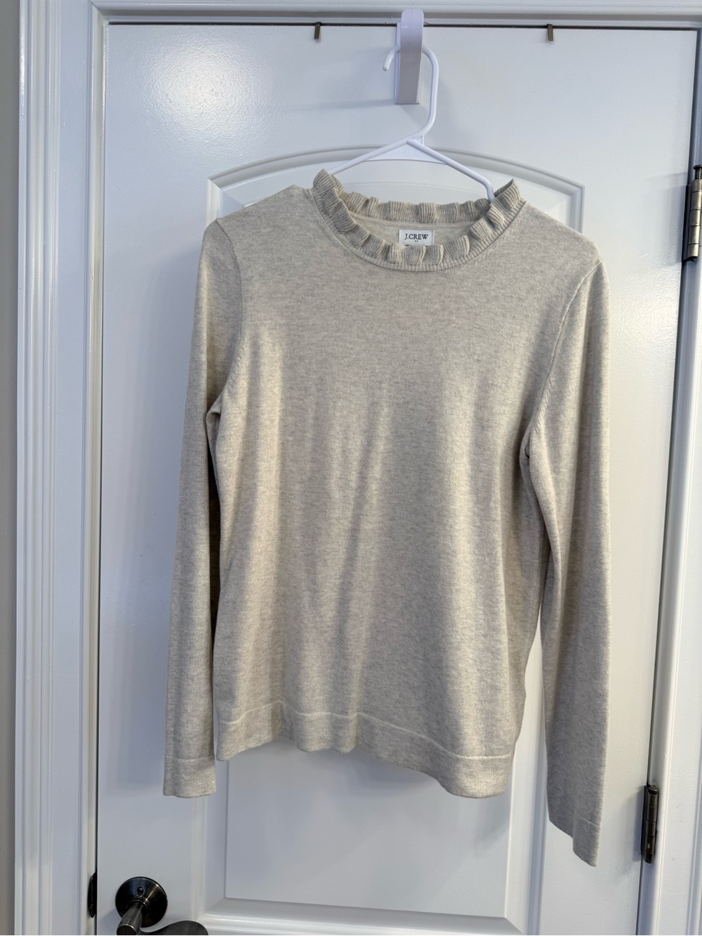 J. Crew Light Cream Ruffle-Trim Crew Neck Sweater